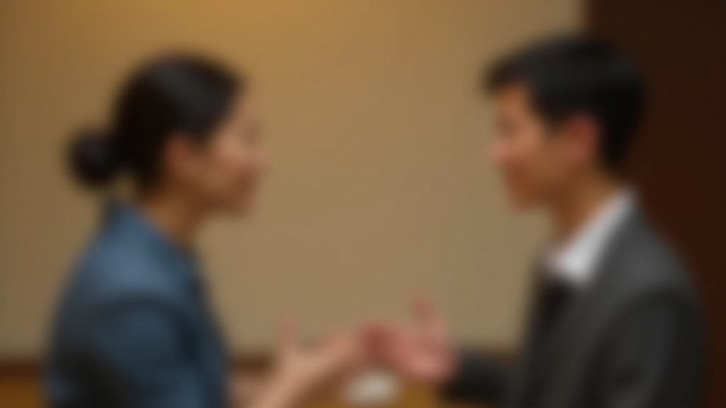 Two people in conversation, one speaking clearly while other listens attentively in calm setting