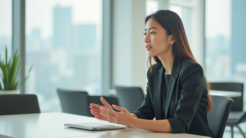 Person sitting at desk during professional conversation, office setting with natural light